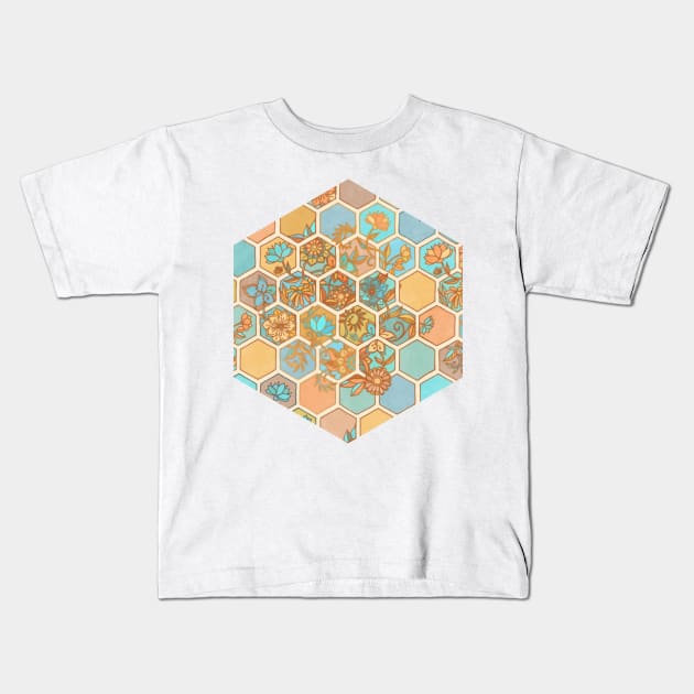 Golden Honeycomb Tangle - hexagon doodle in peach, blue, mint & cream Kids T-Shirt by micklyn